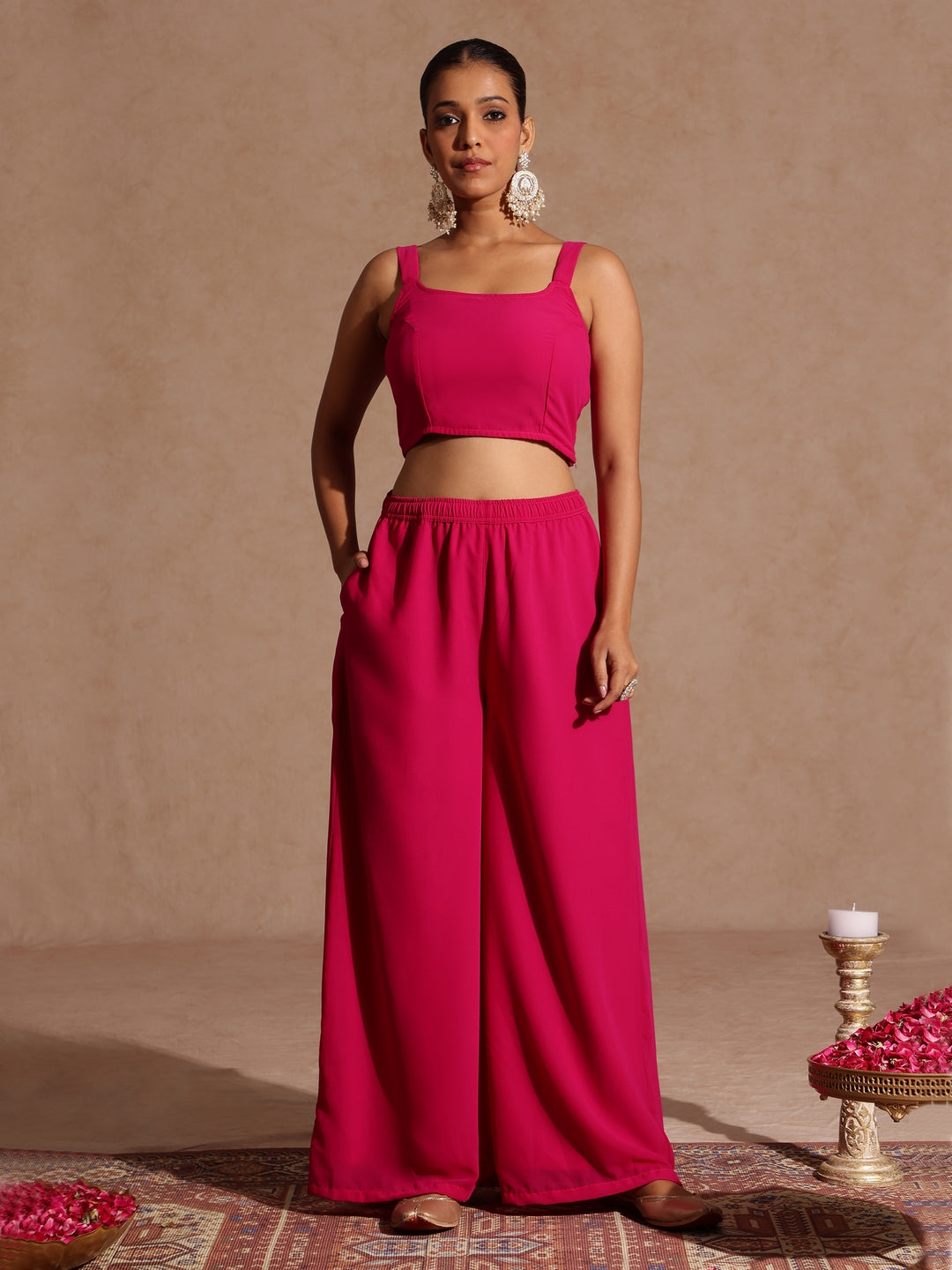 Naari By Shree Women's Pink Embellished Gold Printed Crop Top With Palazzo & Tie-up Cape Set