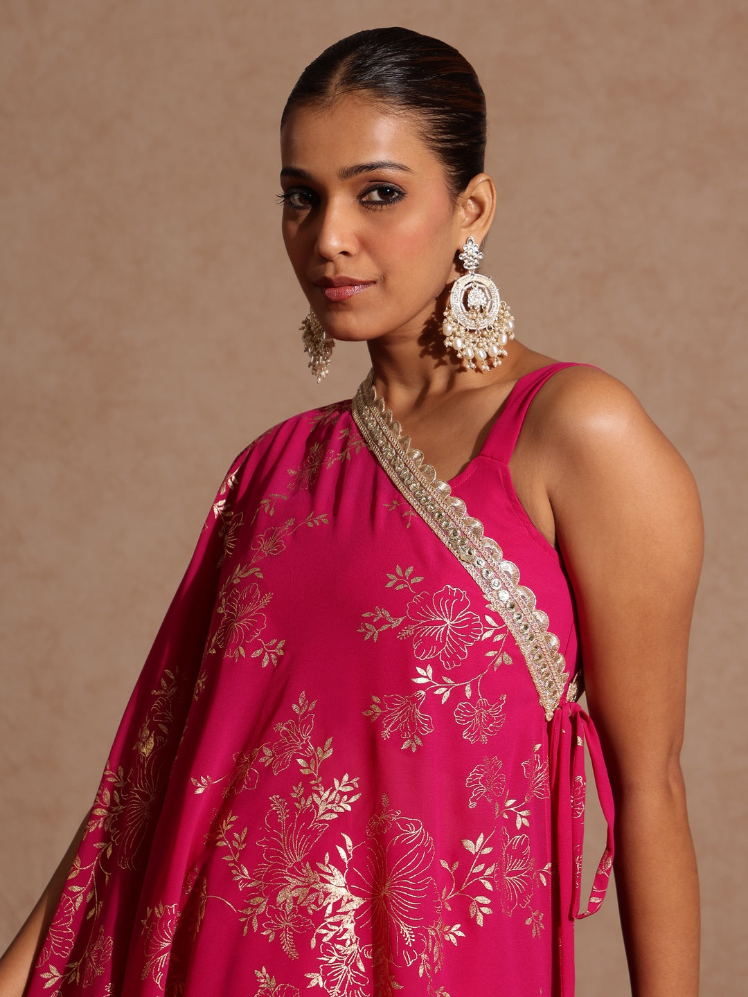 Naari By Shree Women's Pink Embellished Gold Printed Crop Top With Palazzo & Tie-up Cape Set