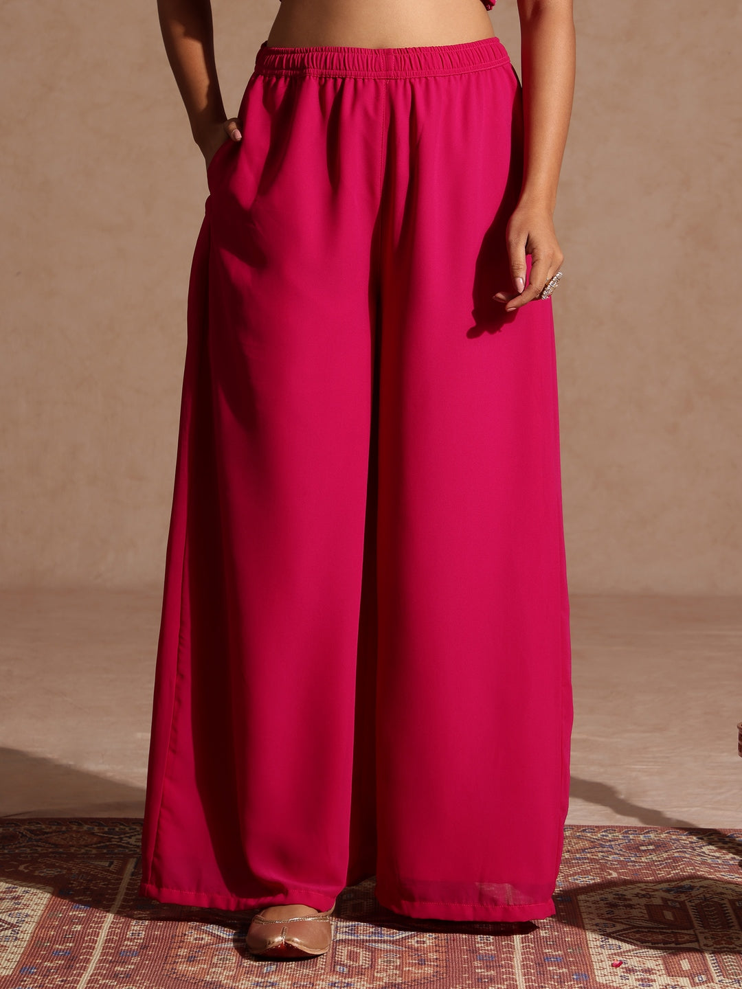 Naari By Shree Women's Pink Embellished Gold Printed Crop Top With Palazzo & Tie-up Cape Set