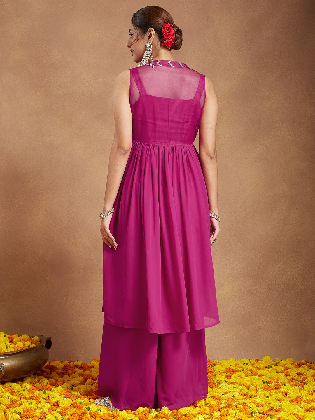 Naari By Shree Women's Pink Georgette Sequined Front Slit Kurta With Crop Top Palazzo Set