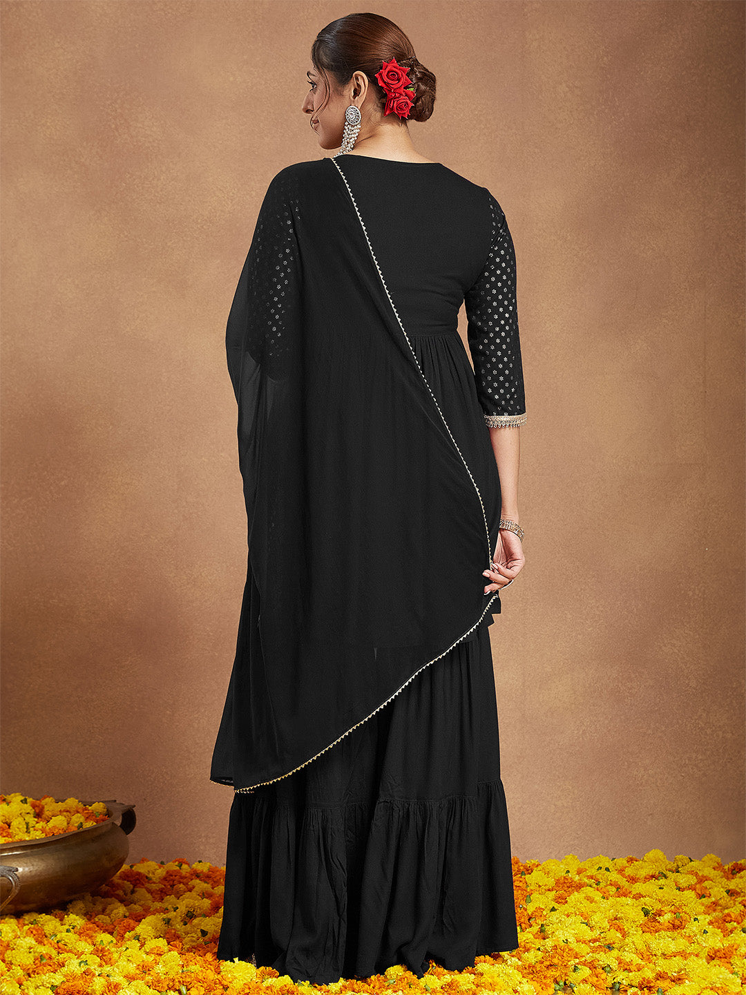 Naari By Shree Women's Black Rayon Foil Printed A-line Kurta With Sharara & Dupatta Set