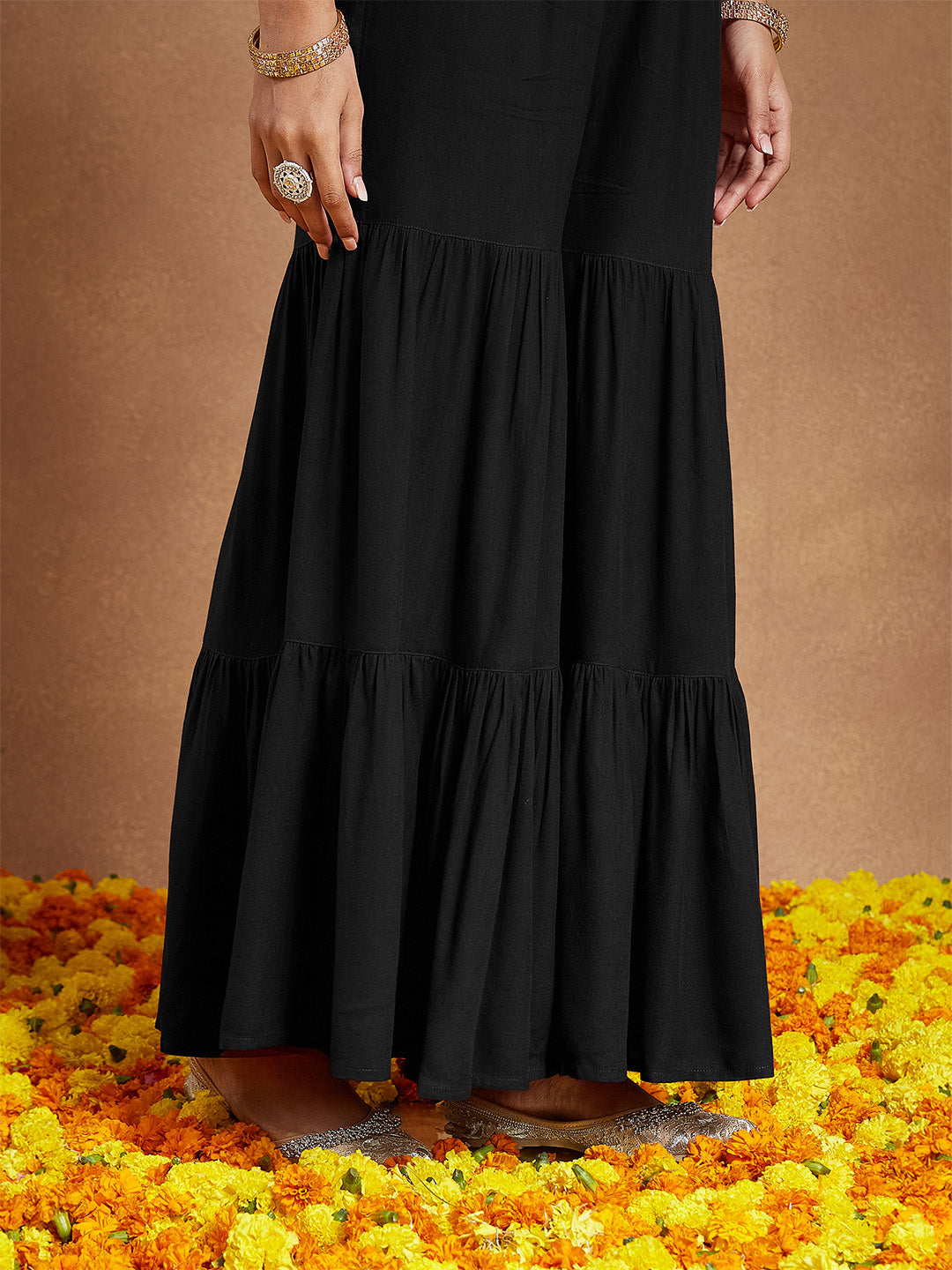 Naari By Shree Women's Black Rayon Foil Printed A-line Kurta With Sharara & Dupatta Set