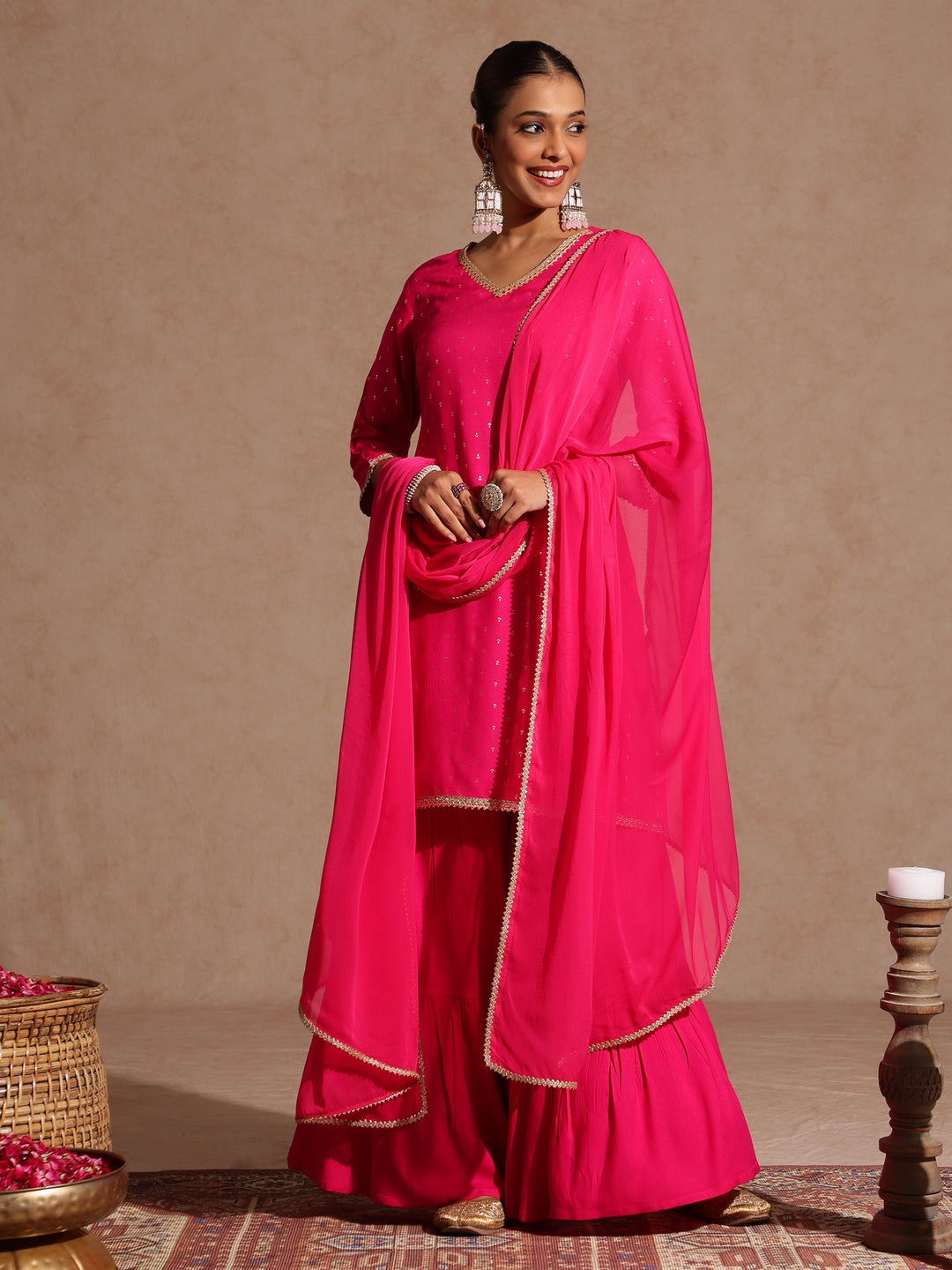 Naari By Shree Women's Pink Rayon Embellished Gold Printed Straight Kurta With Sharara & Dupatta Set