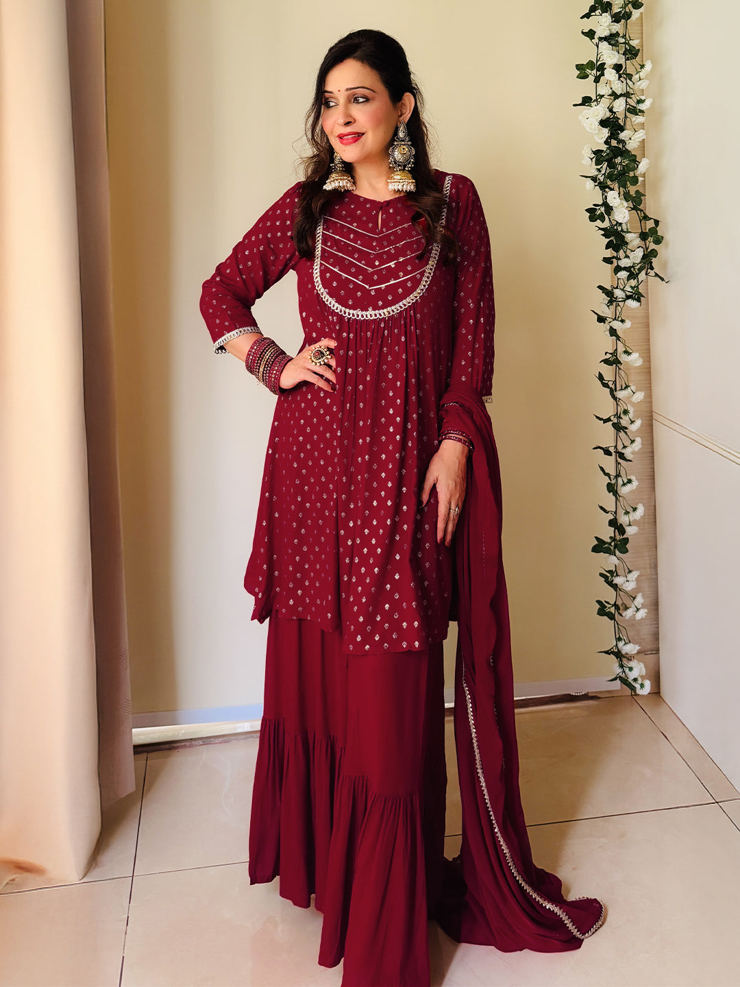 Naari By Shree Women's Maroon Rayon Foil Printed Embellished A-line Kurta With Sharara & Dupatta Set