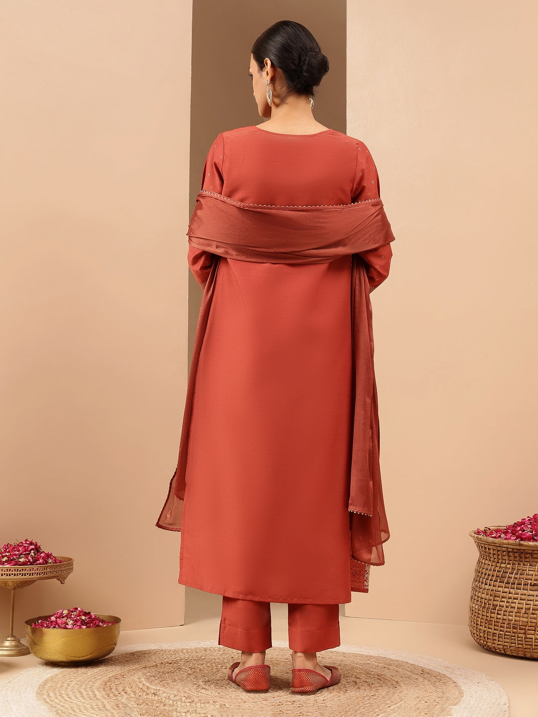 Naari By Shree Women's Rust Silk Blend Ethnic Gold Printed Straight Kurta Set