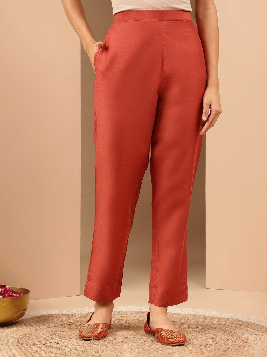 Naari By Shree Women's Rust Silk Blend Ethnic Gold Printed Straight Kurta Set