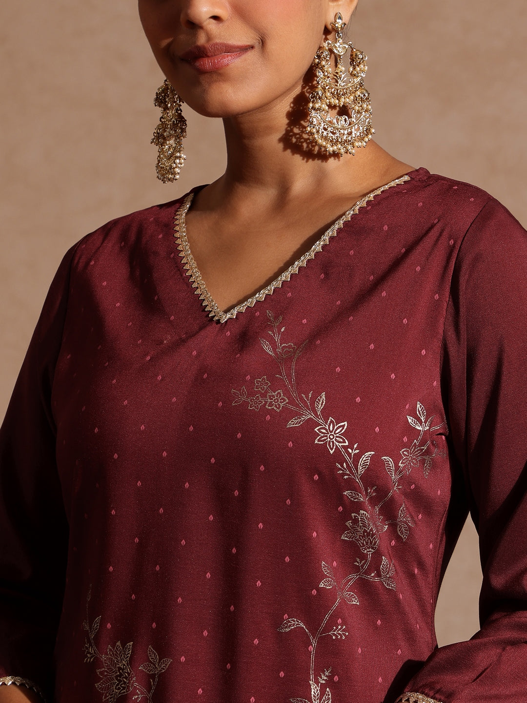 Naari By Shree Women's Maroon Silk Blend Gold Printed Straight Kurta Set