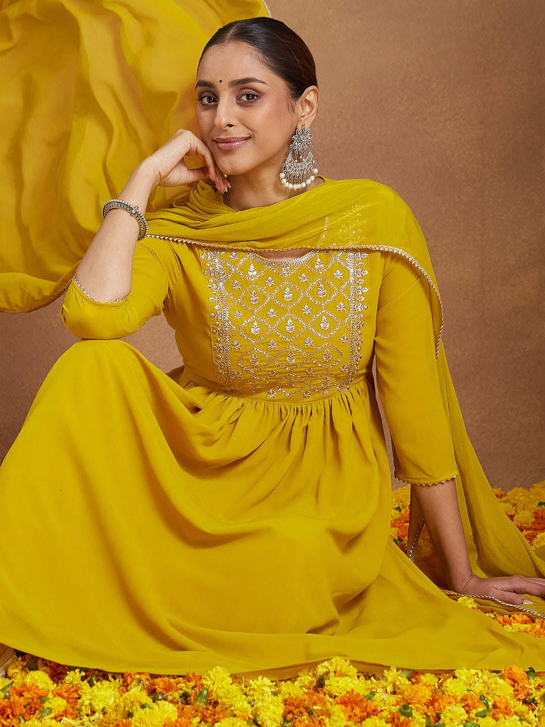 Naari By Shree Women's Mustard Georgette Zari Yoke Embroidery A-line Kurta With Palazzo & Dupatta Set