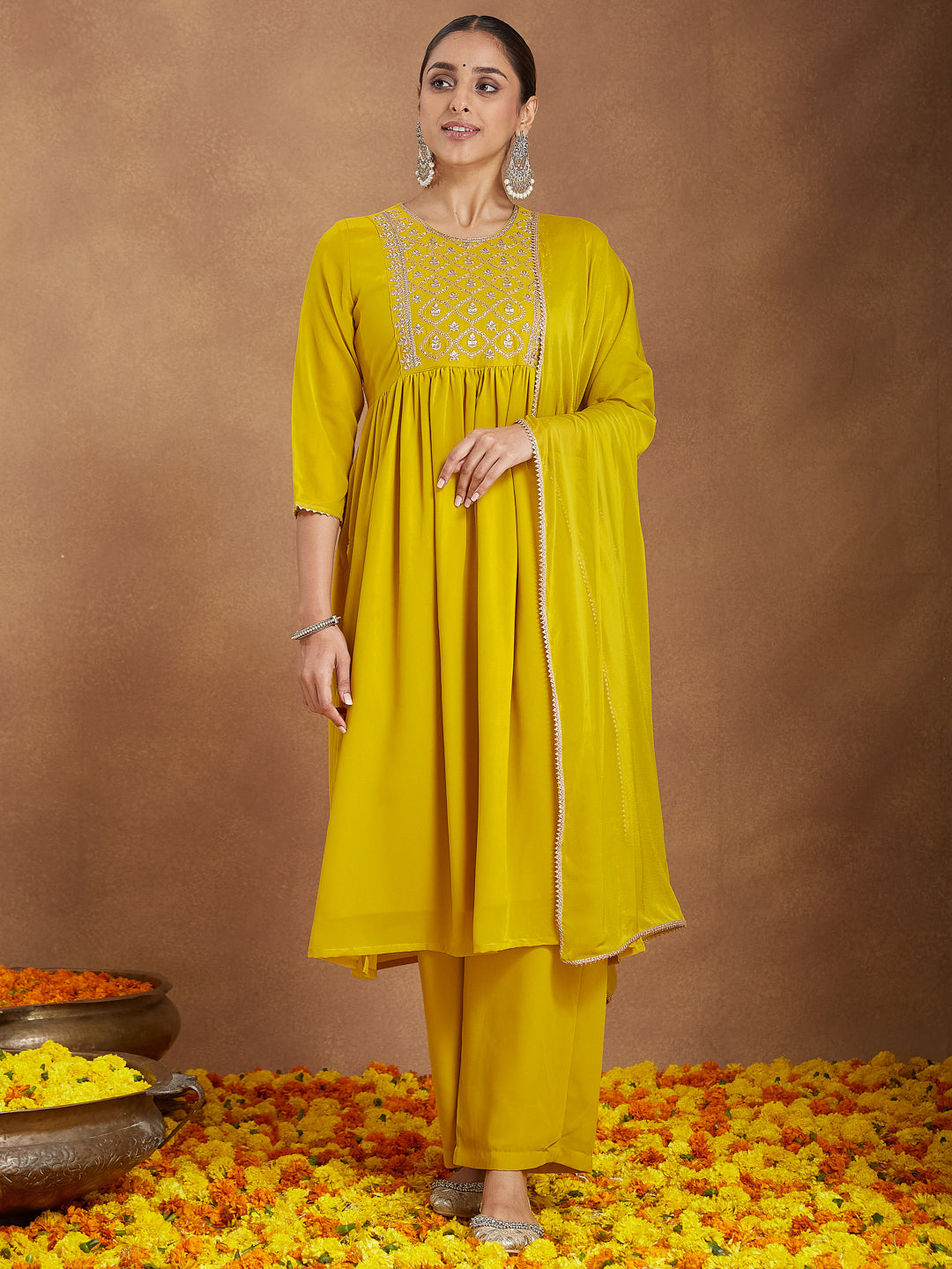 Naari By Shree Women's Mustard Georgette Zari Yoke Embroidery A-line Kurta With Palazzo & Dupatta Set