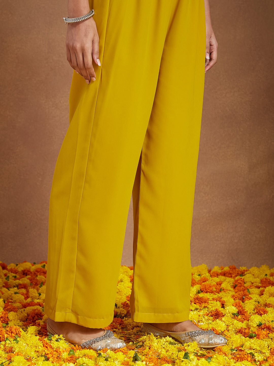 Naari By Shree Women's Mustard Georgette Zari Yoke Embroidery A-line Kurta With Palazzo & Dupatta Set