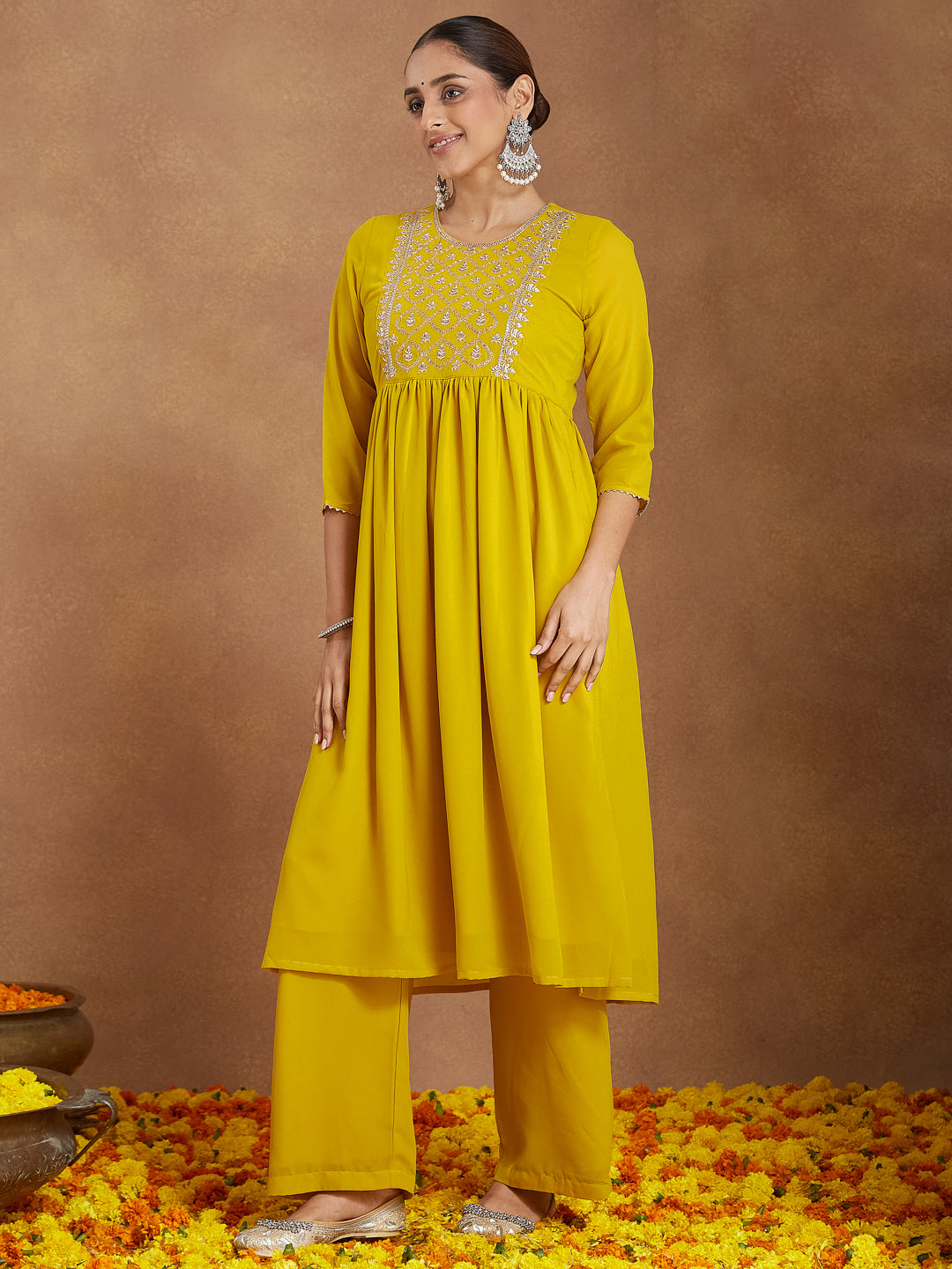Naari By Shree Women's Mustard Georgette Zari Yoke Embroidery A-line Kurta With Palazzo & Dupatta Set