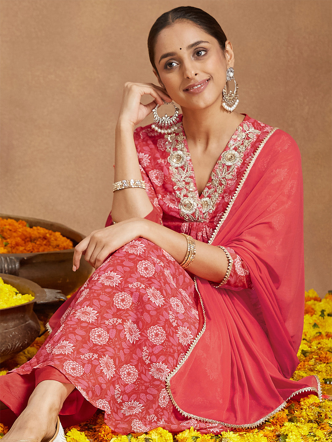 Naari By Shree Women's Red Georgette Embellished Floral Printed A-line Kurta Set