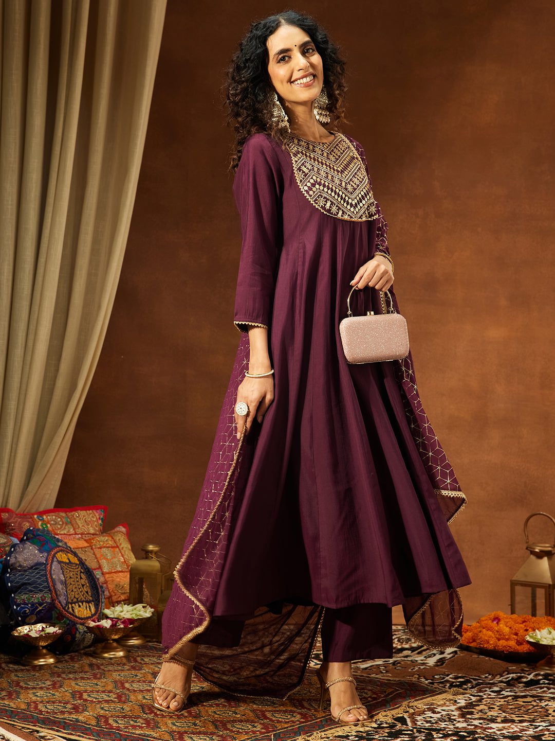 Naari By Shree Women's Wine Chanderi Silk Embellished A-line Kurta Set