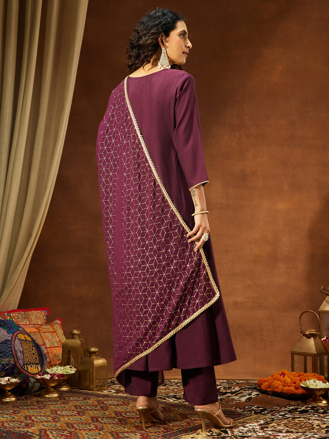 Naari By Shree Women's Wine Chanderi Silk Embellished A-line Kurta Set