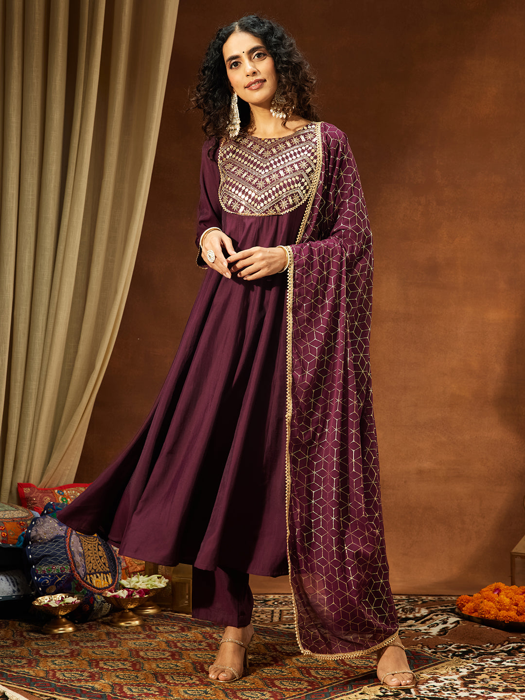 Naari By Shree Women's Wine Chanderi Silk Embellished A-line Kurta Set