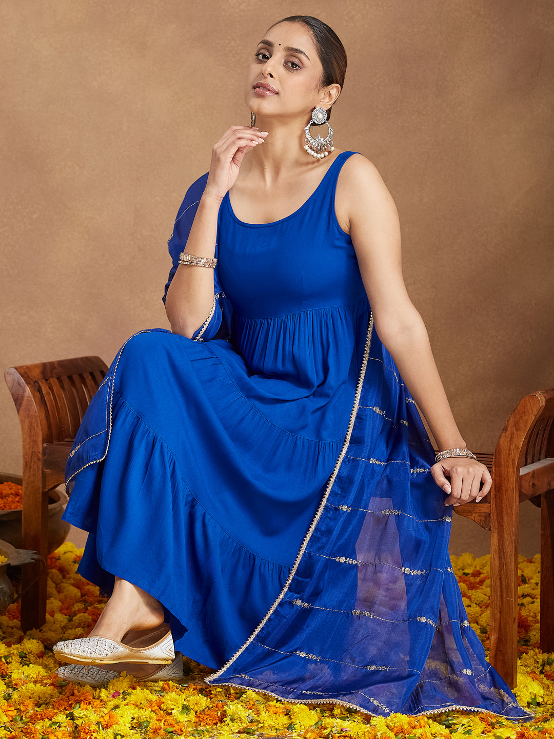 Naari By Shree Women's Royal Blue Rayon Embellished Tiered Kurta Set With Dupatta