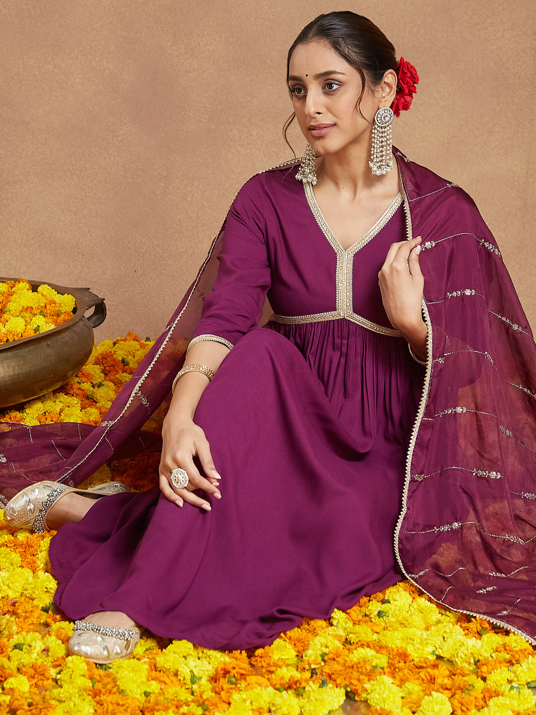 Naari By Shree Women's Purple Rayon Embellished A-line Kurta Set