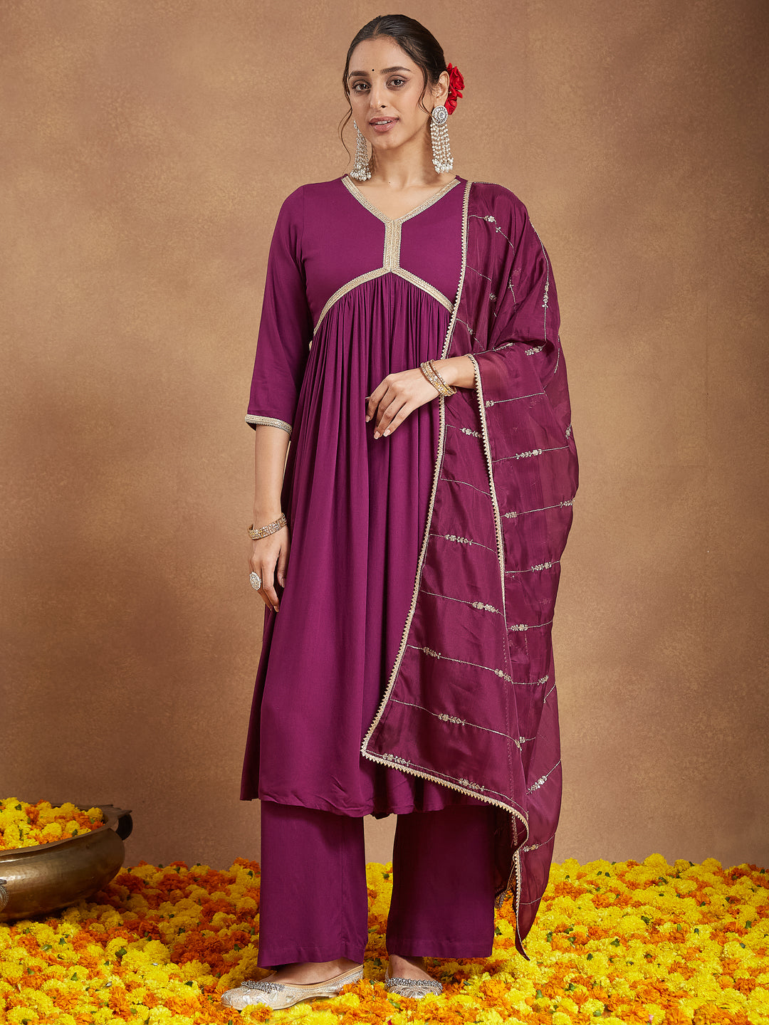 Naari By Shree Women's Purple Rayon Embellished A-line Kurta Set
