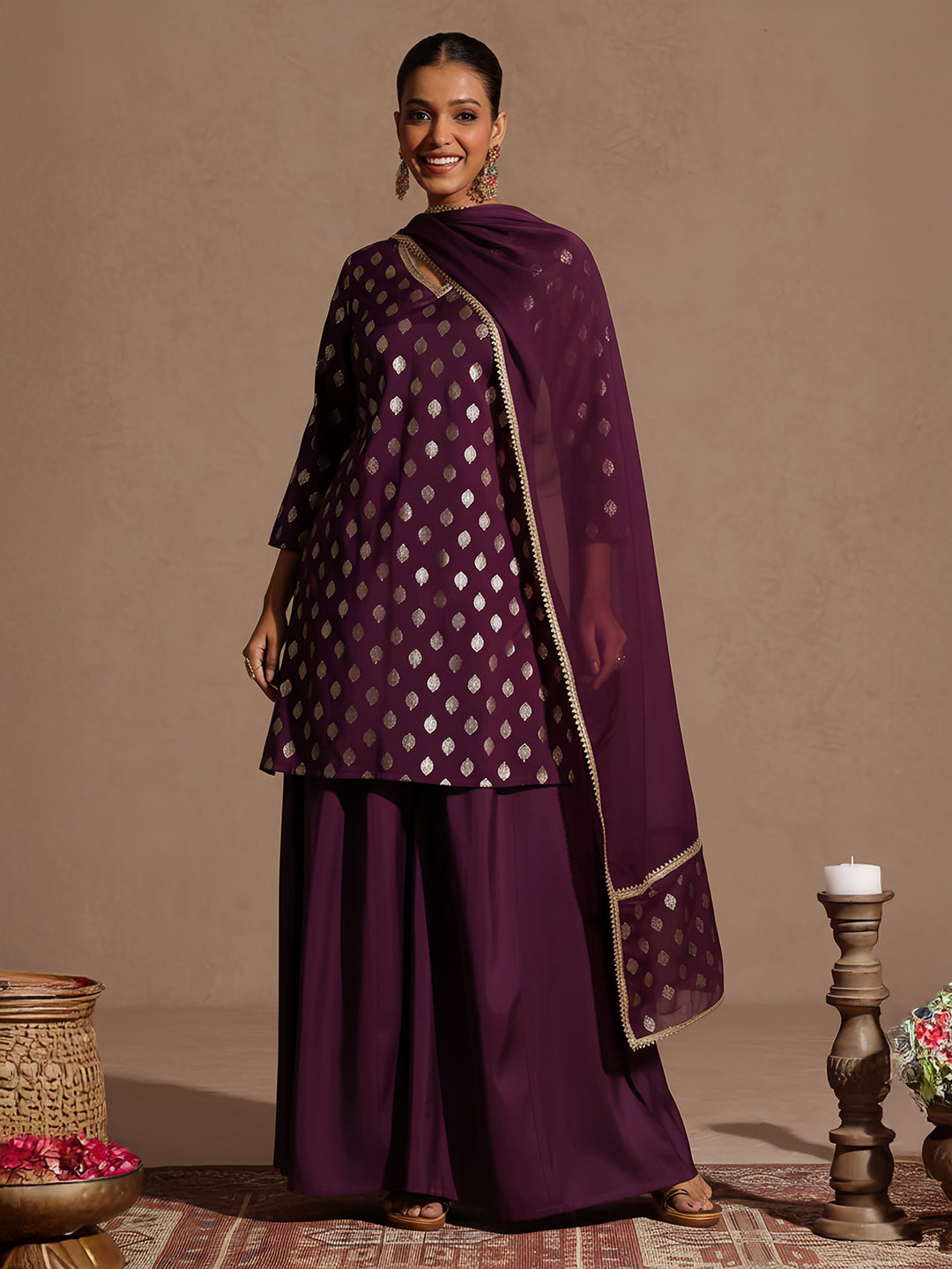 Naari By Shree Women's Purple Chanderi Silk Embellished Gold Printed Kurta With Sharara & Dupatta Set