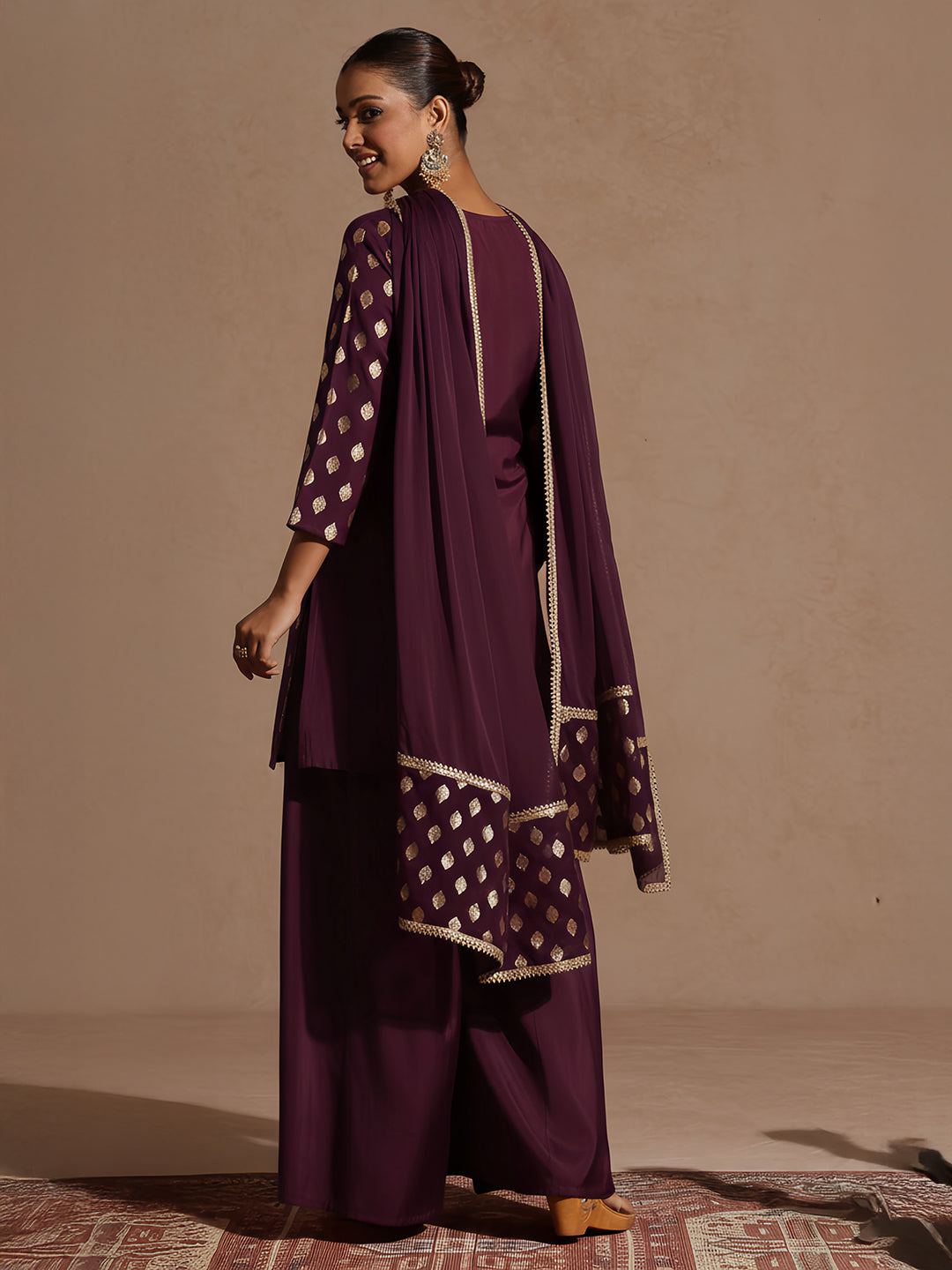 Naari By Shree Women's Purple Chanderi Silk Embellished Gold Printed Kurta With Sharara & Dupatta Set