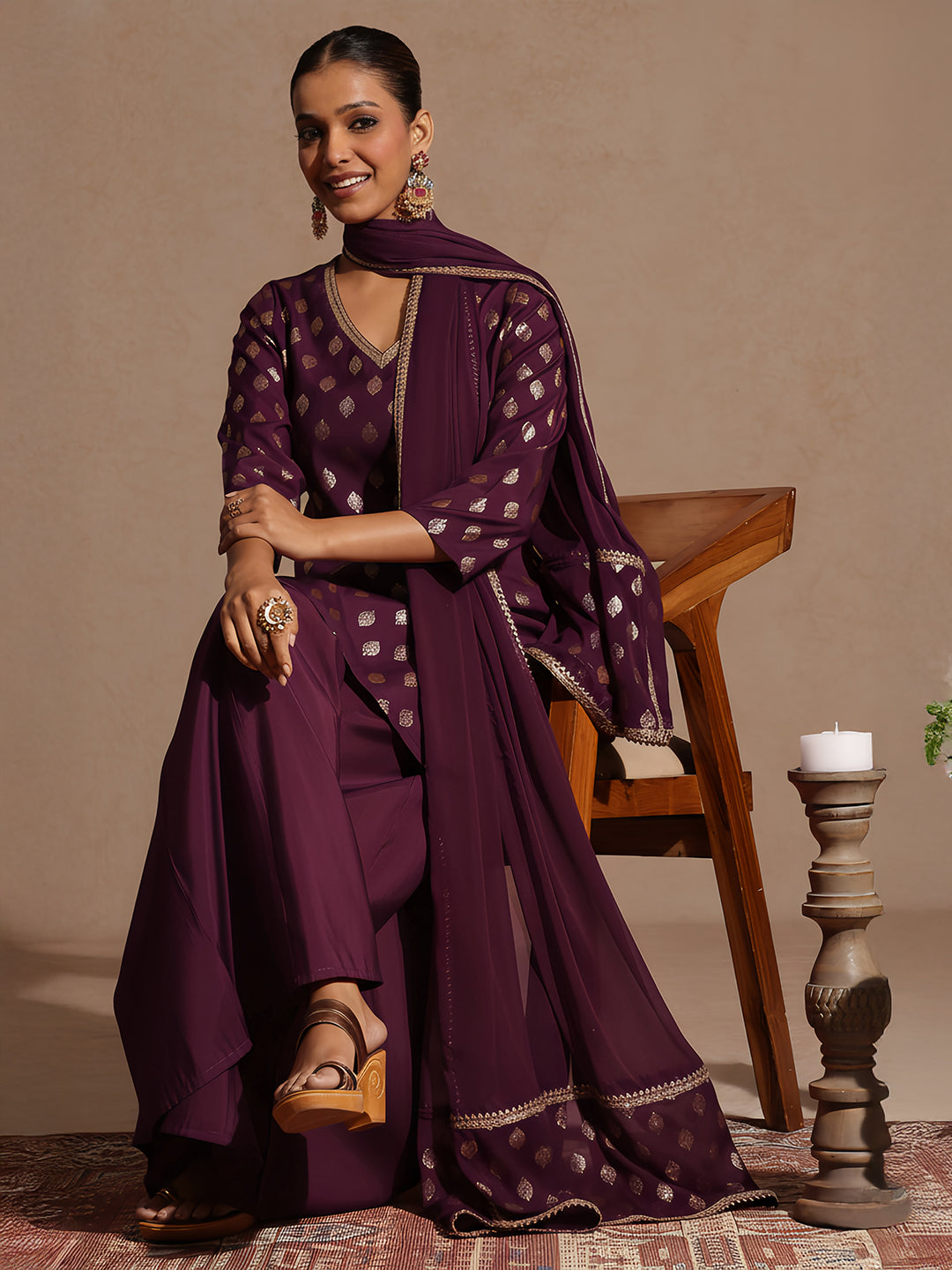 Naari By Shree Women's Purple Chanderi Silk Embellished Gold Printed Kurta With Sharara & Dupatta Set