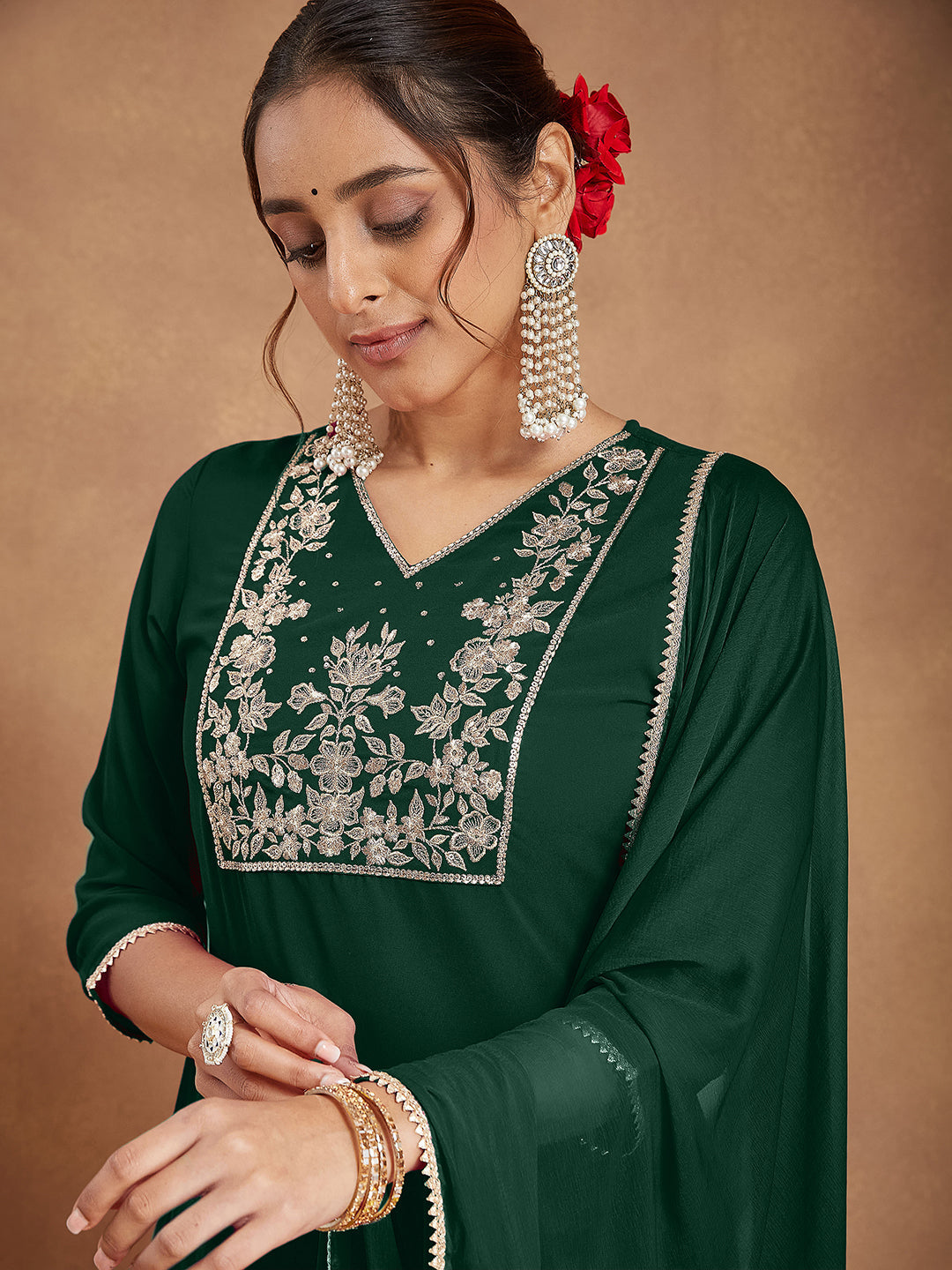 Naari By Shree Women's Dark Green Georgette Zari Embroidered Straight Kurta With Palazzo & Dupatta Set