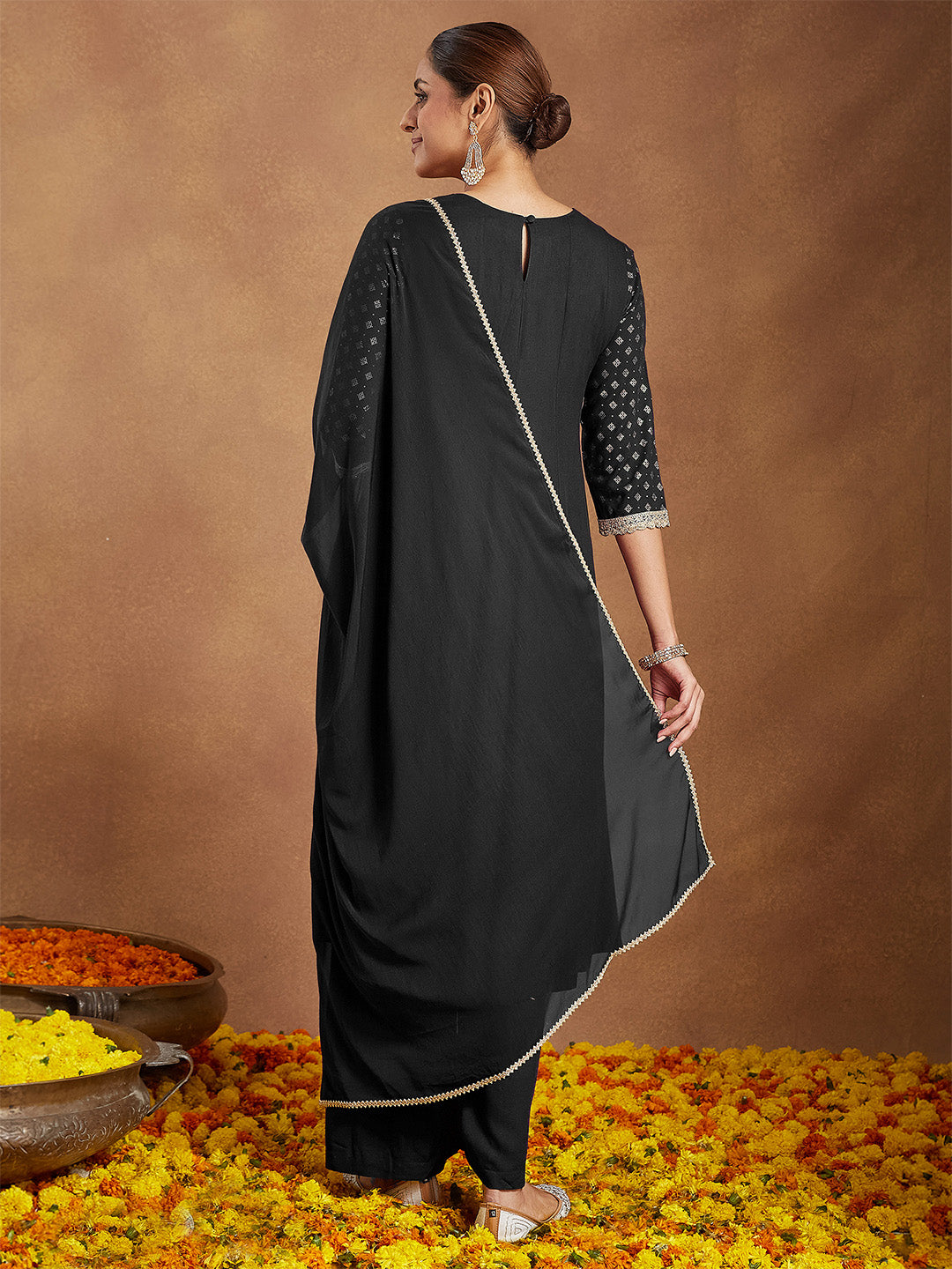 Naari By Shree Women's Black Rayon Foil Print & Embellished Anarkali Kurta Set
