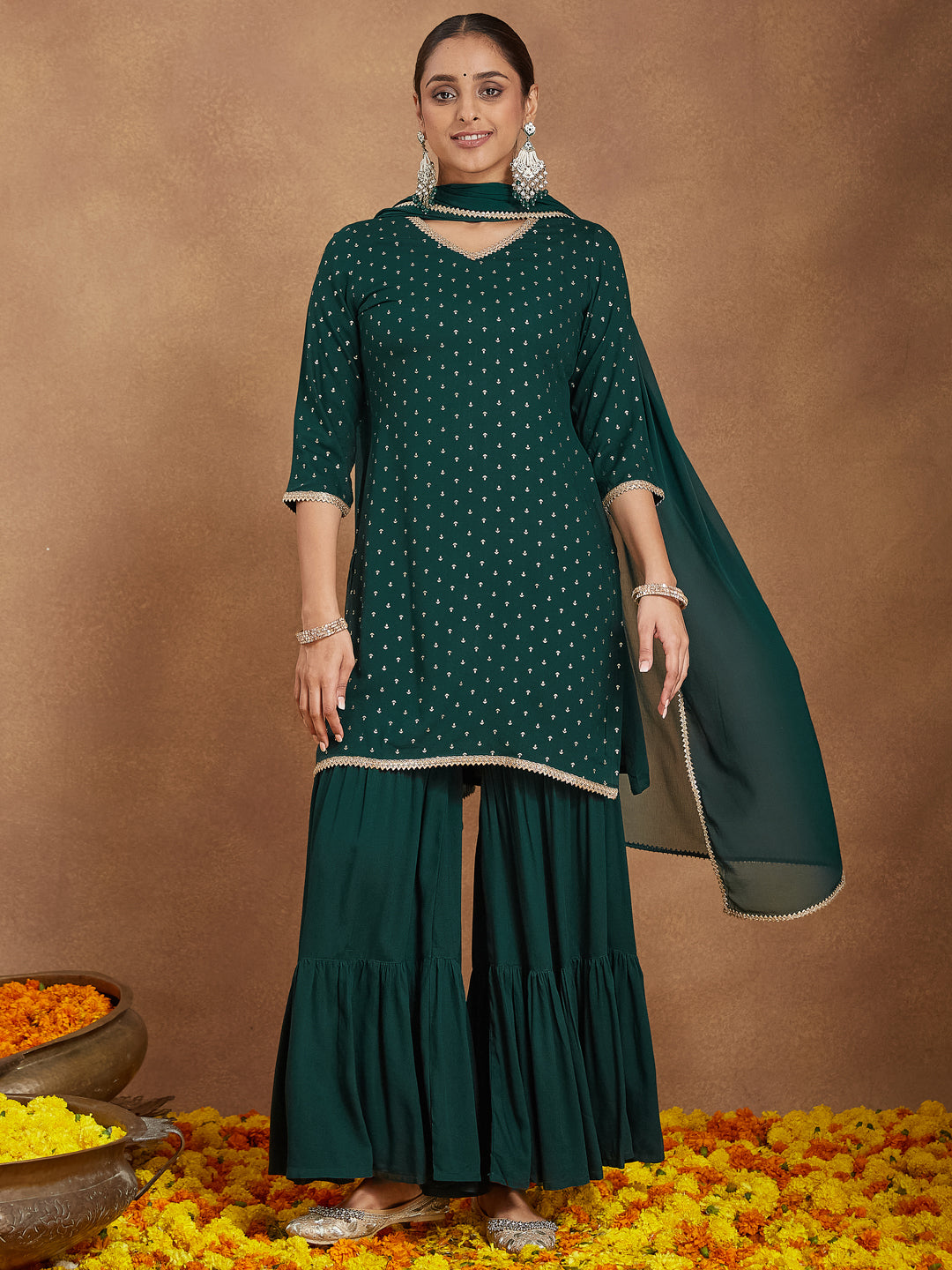 Naari By Shree Women's Dark Green Rayon Embellished Foil Printed Kurta With Sharara & Dupatta Set