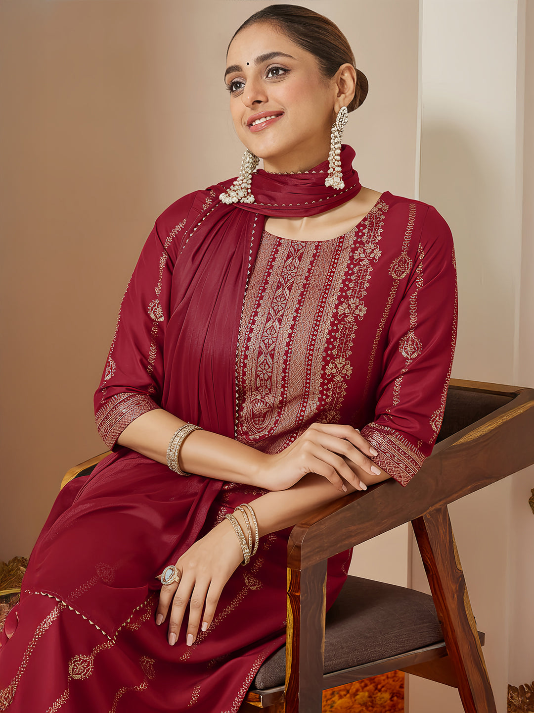 Naari By Shree Women's Maroon Silk Blend Gold Printed Straight Kurta Set