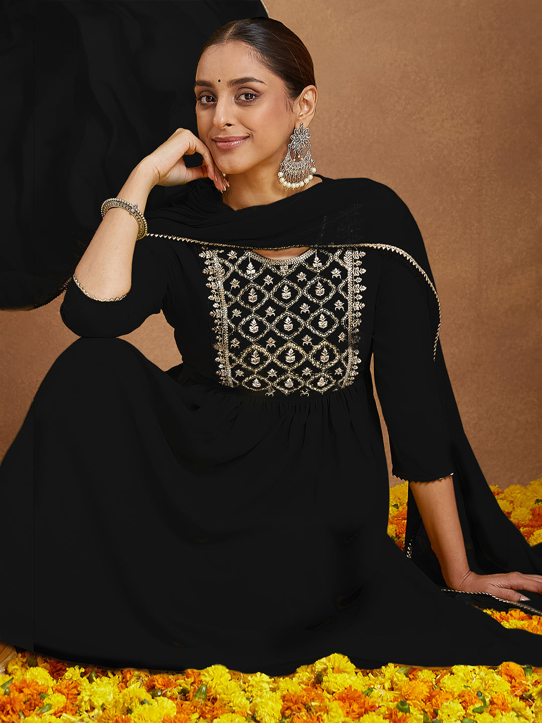 Naari By Shree Women's Black Georgette Zari Yoke Embroidered A-line Kurta With Palazzo & Dupatta Set