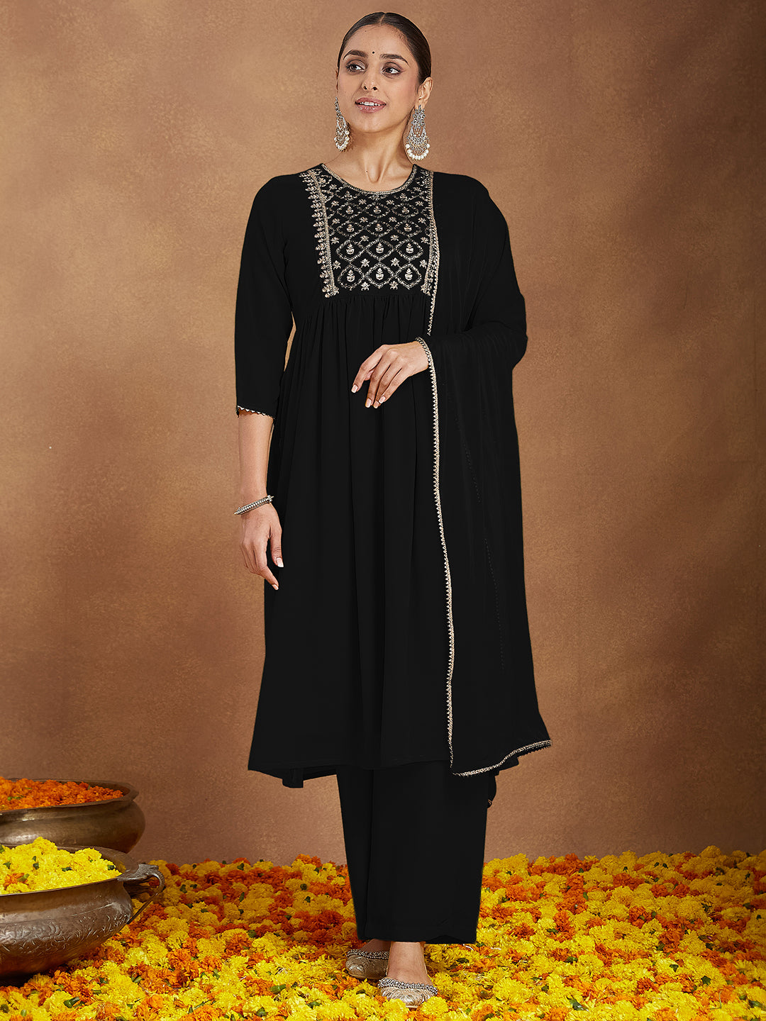 Naari By Shree Women's Black Georgette Zari Yoke Embroidered A-line Kurta With Palazzo & Dupatta Set