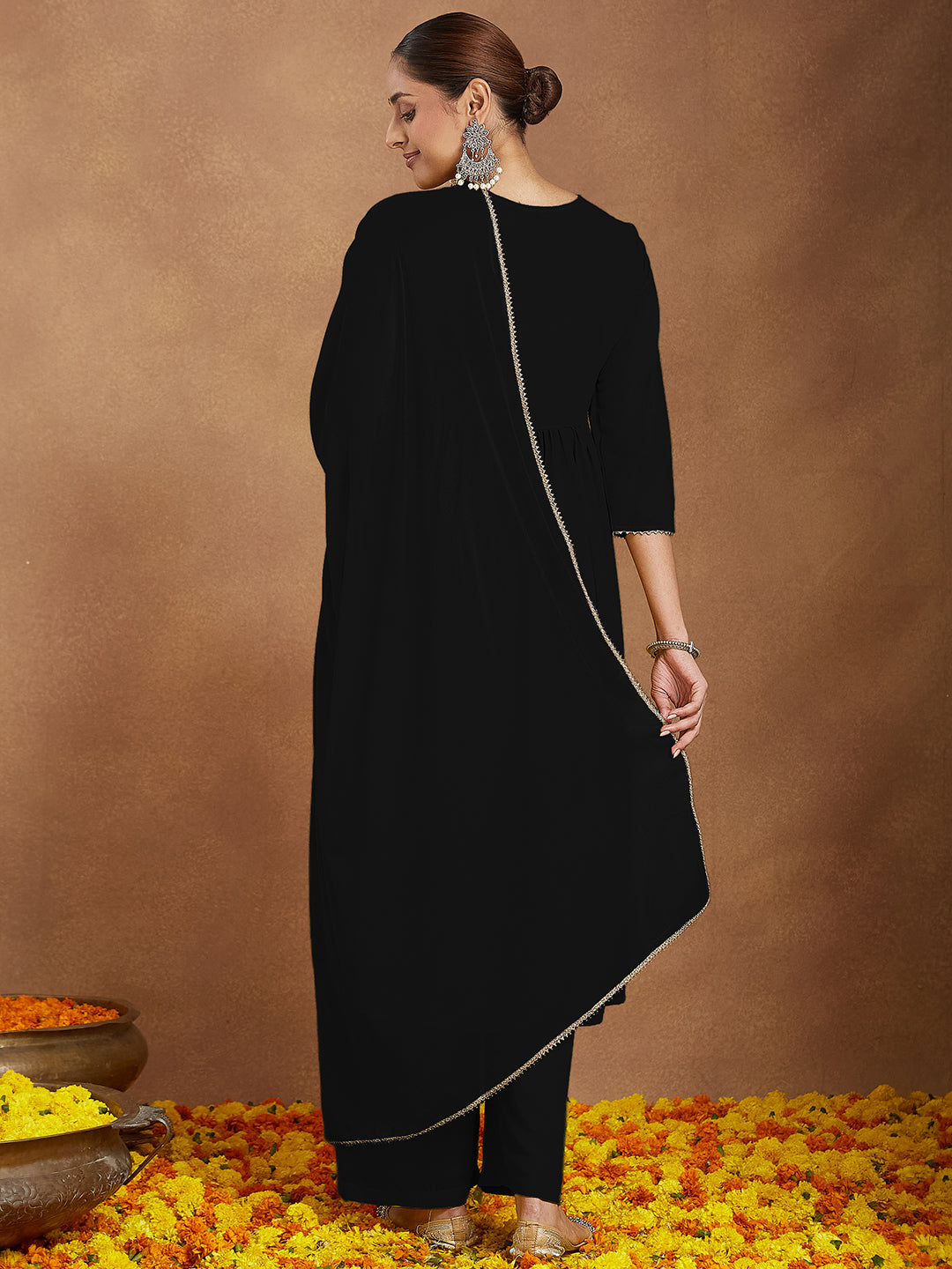 Naari By Shree Women's Black Georgette Zari Yoke Embroidered A-line Kurta With Palazzo & Dupatta Set