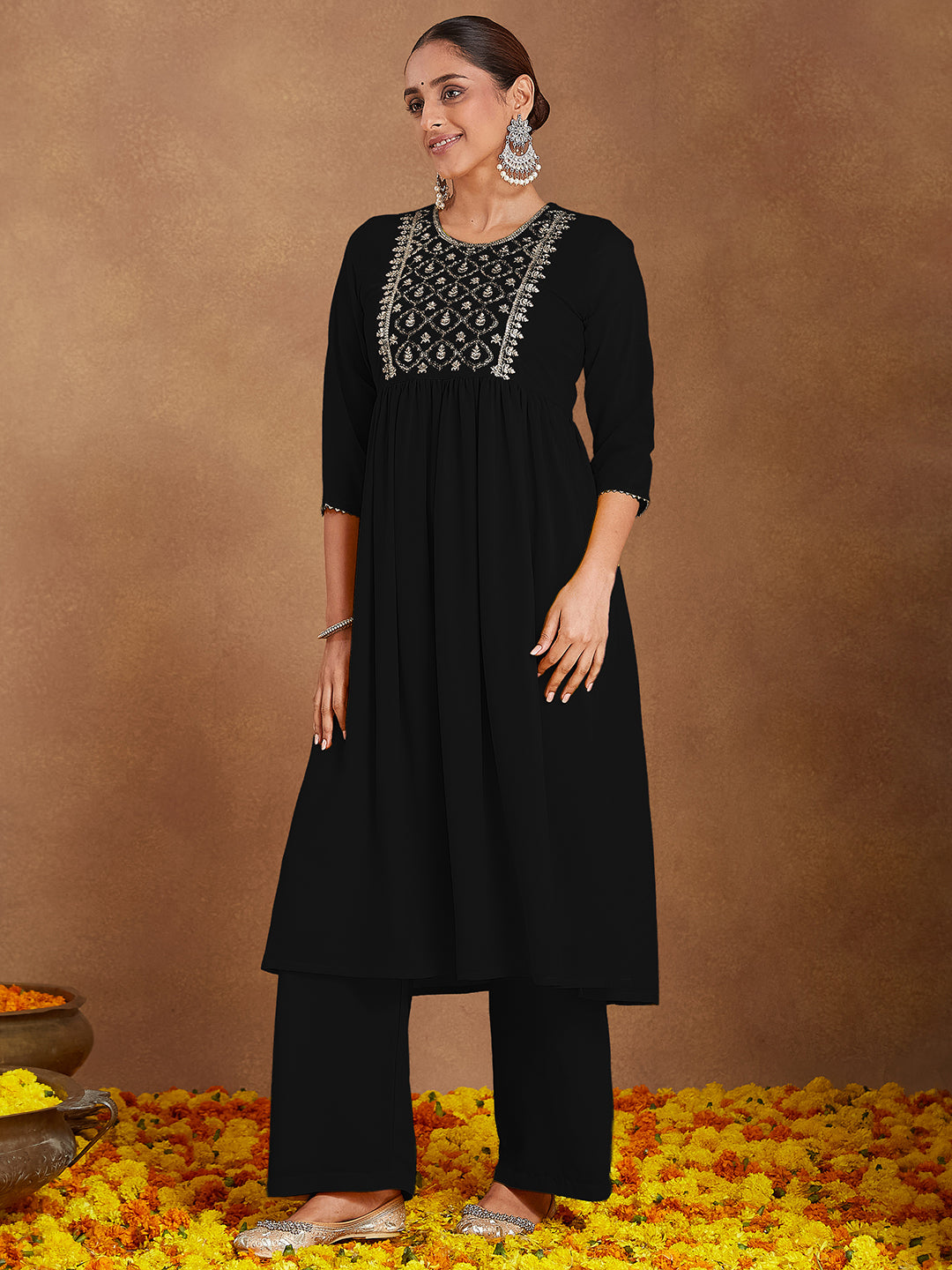 Naari By Shree Women's Black Georgette Zari Yoke Embroidered A-line Kurta With Palazzo & Dupatta Set