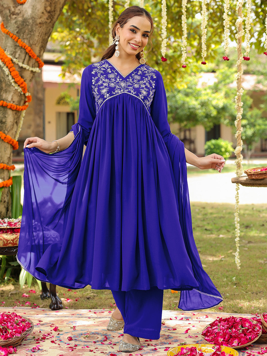 Naari By Shree Women's Royal Blue Georgette Zari Yoke Embroidered A-line Kurta With Palazzo & Dupatta Set