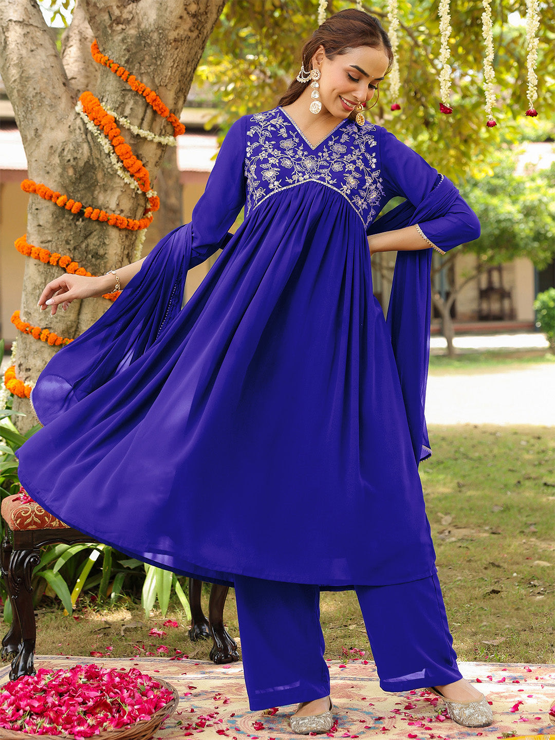 Naari By Shree Women's Royal Blue Georgette Zari Yoke Embroidered A-line Kurta With Palazzo & Dupatta Set