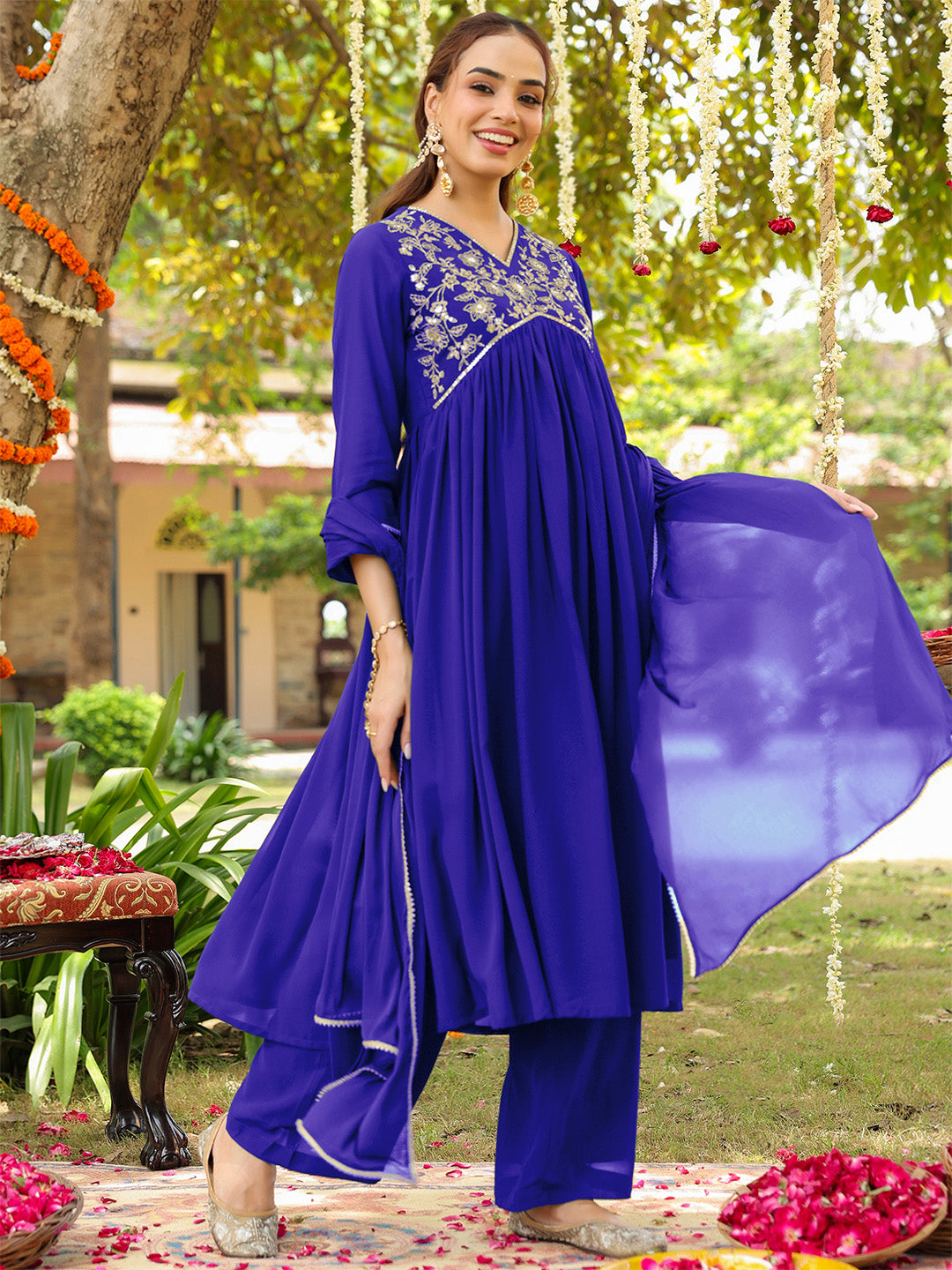 Naari By Shree Women's Royal Blue Georgette Zari Yoke Embroidered A-line Kurta With Palazzo & Dupatta Set