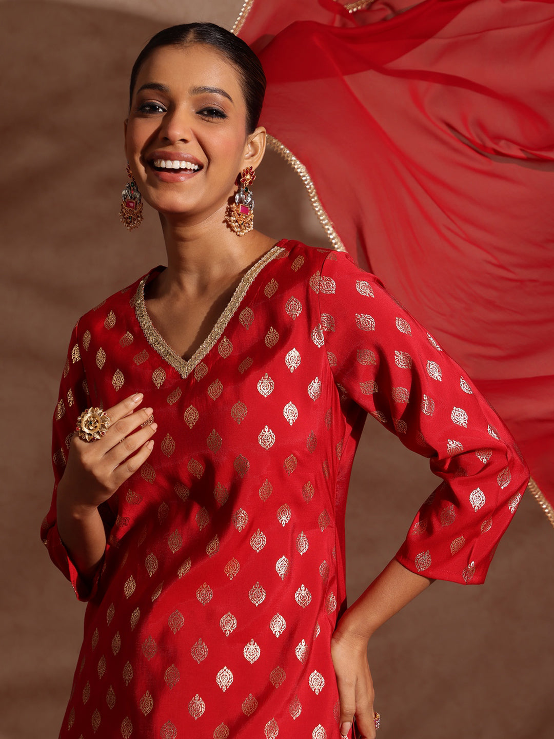 Naari By Shree Women's Maroon Chanderi Silk Embellished Gold Printed Kurta With Sharara & Dupatta Set