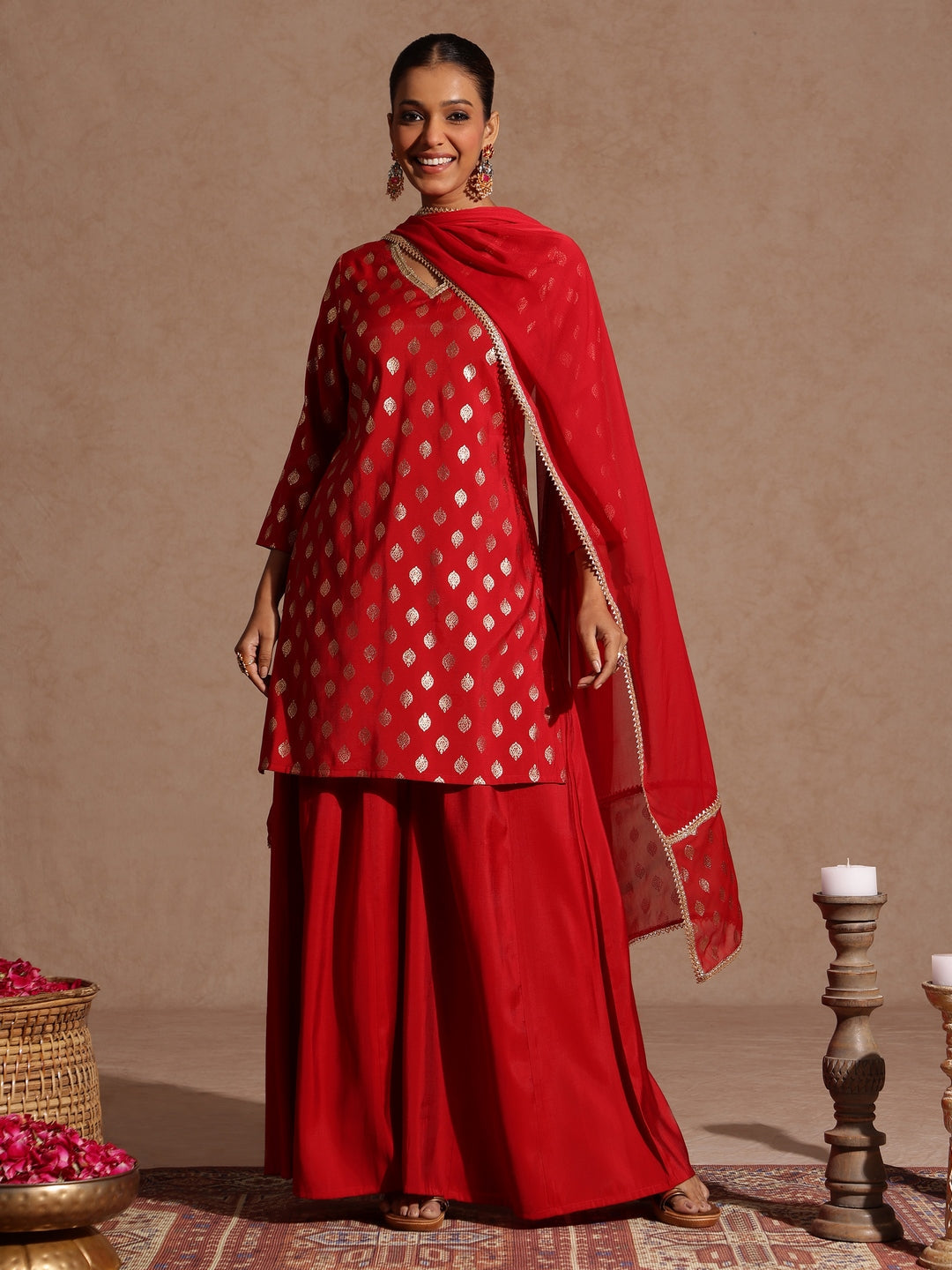 Naari By Shree Women's Maroon Chanderi Silk Embellished Gold Printed Kurta With Sharara & Dupatta Set