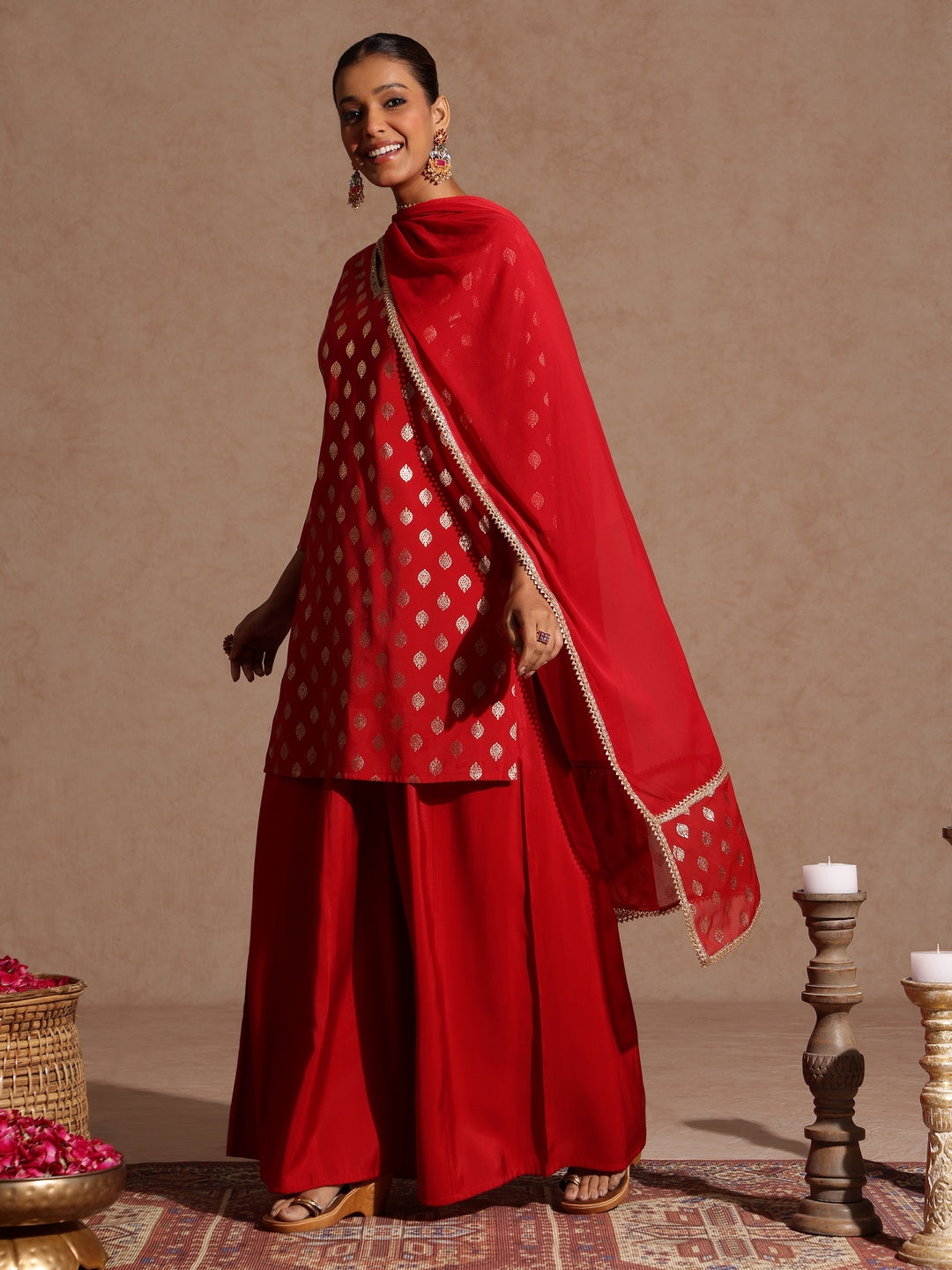 Naari By Shree Women's Maroon Chanderi Silk Embellished Gold Printed Kurta With Sharara & Dupatta Set