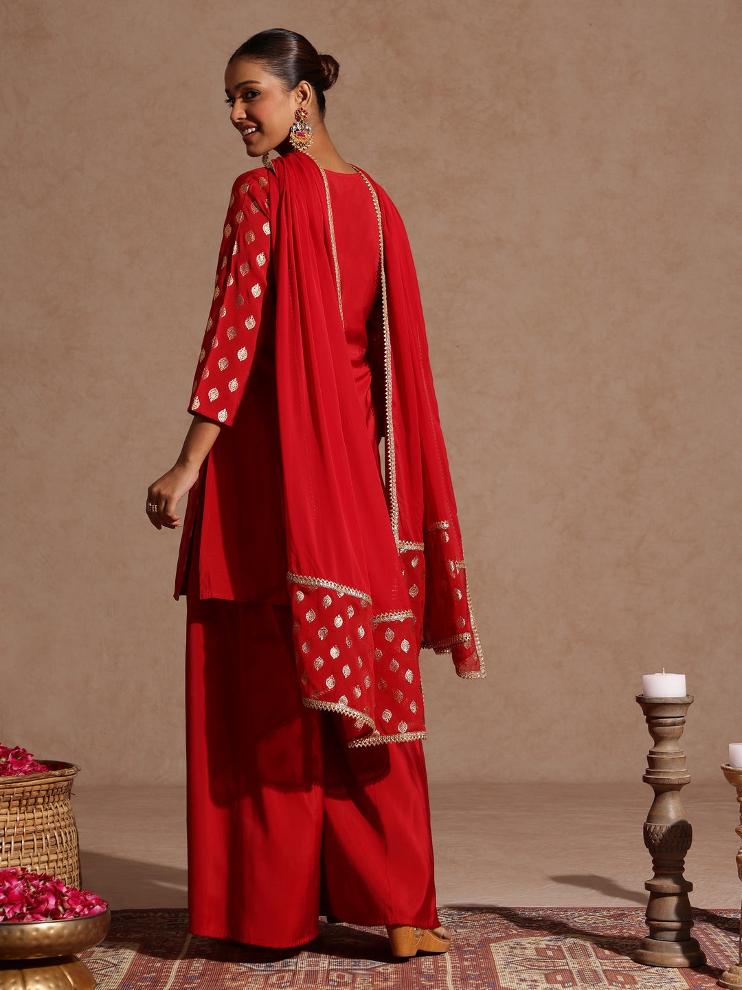 Naari By Shree Women's Maroon Chanderi Silk Embellished Gold Printed Kurta With Sharara & Dupatta Set