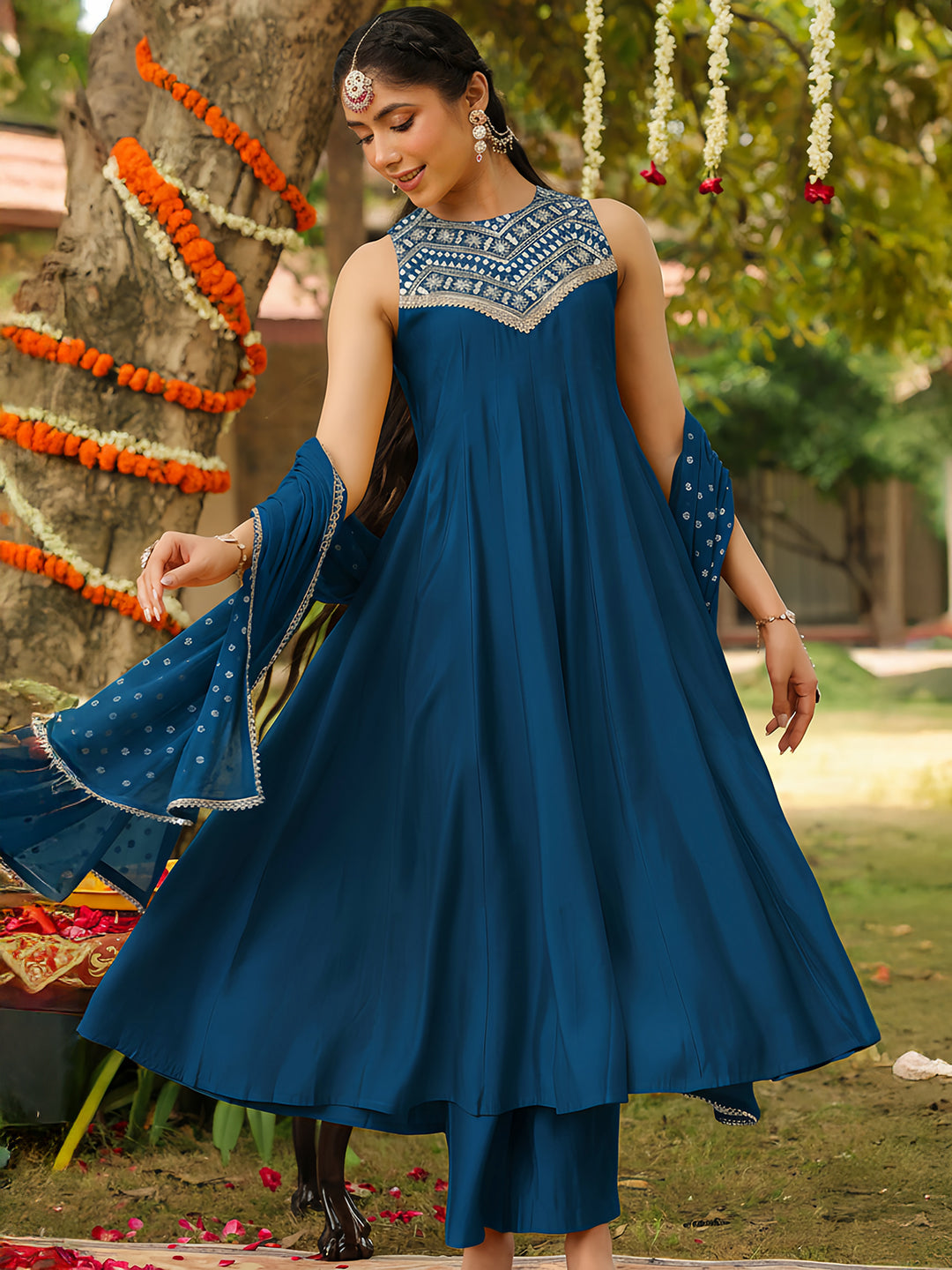 Naari By Shree Women's Teal Blue Chanderi Silk Embellished Anarkali Kurta Set With Dupatta