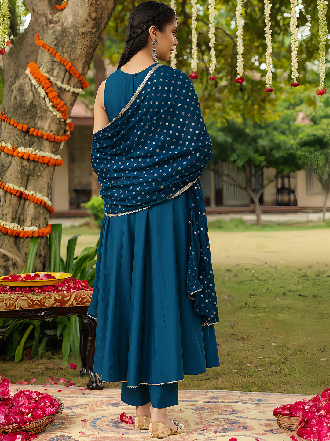 Naari By Shree Women's Teal Blue Chanderi Silk Embellished Anarkali Kurta Set With Dupatta