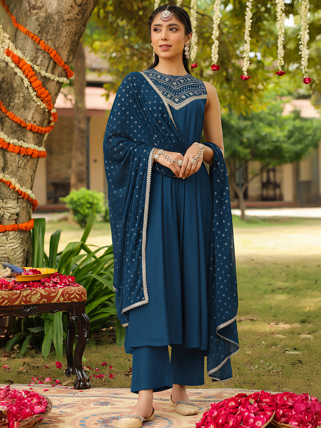 Naari By Shree Women's Teal Blue Chanderi Silk Embellished Anarkali Kurta Set With Dupatta