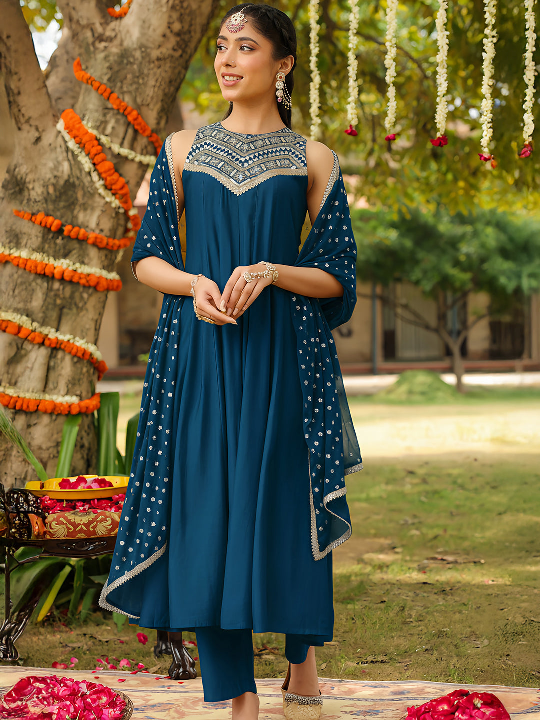 Naari By Shree Women's Teal Blue Chanderi Silk Embellished Anarkali Kurta Set With Dupatta