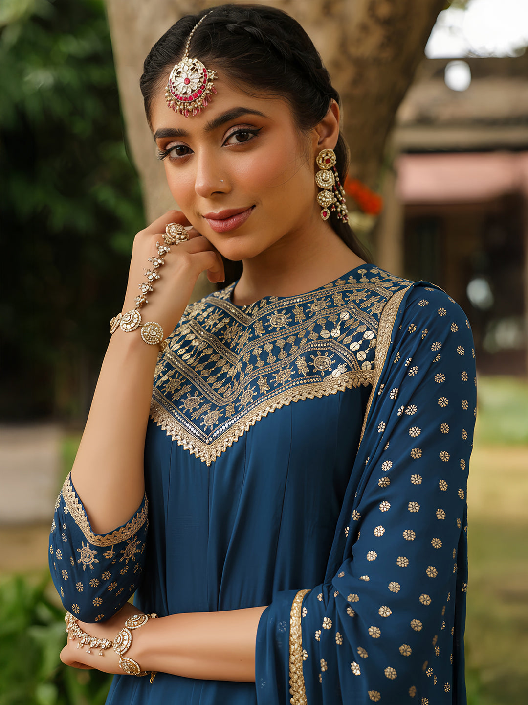 Naari By Shree Women's Teal Blue Chanderi Silk Embellished Anarkali Kurta Set With Dupatta