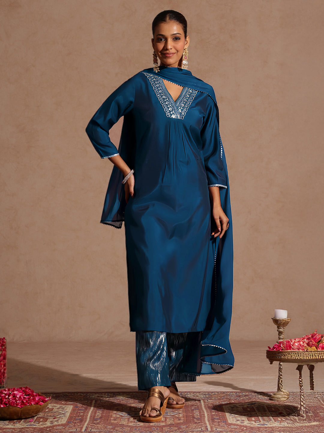 Naari By Shree Women's Teal Blue Chanderi Silk Embellished Straight Kurta Set