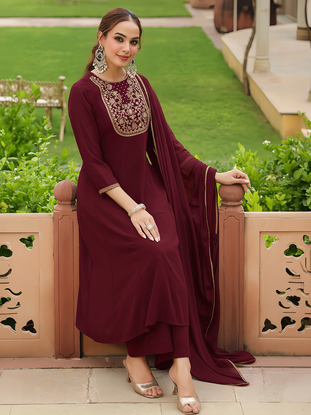 Naari By Shree Women's Maroon Georgette Zari Yoke Embroidered Anarkali Kurta With Palazzo & Dupatta Set