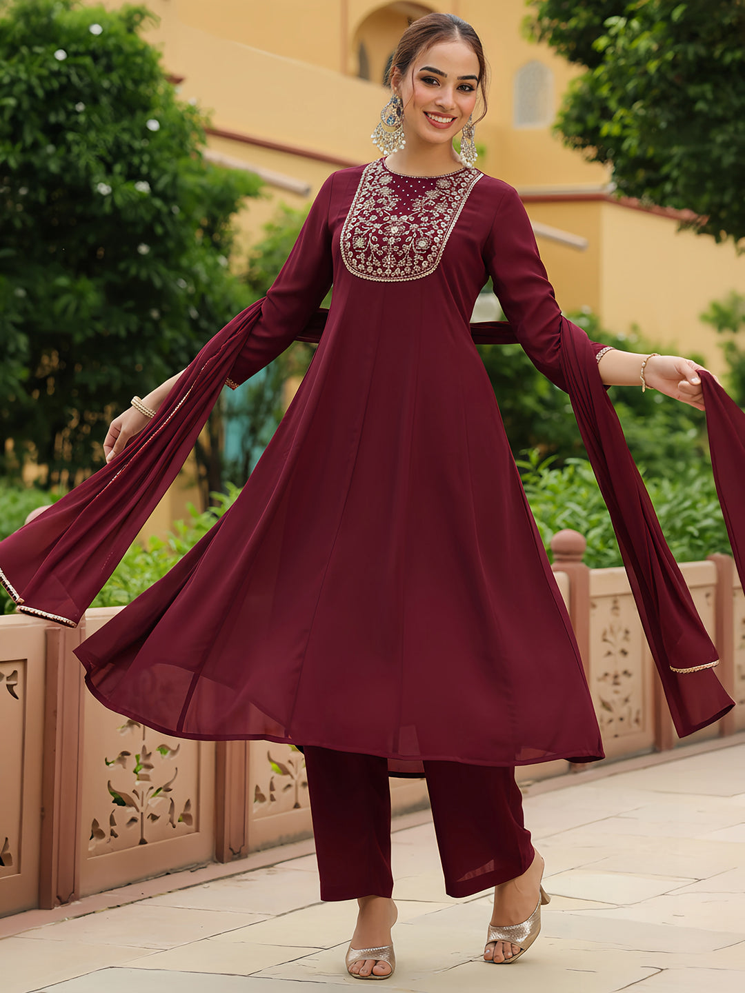 Naari By Shree Women's Maroon Georgette Zari Yoke Embroidered Anarkali Kurta With Palazzo & Dupatta Set