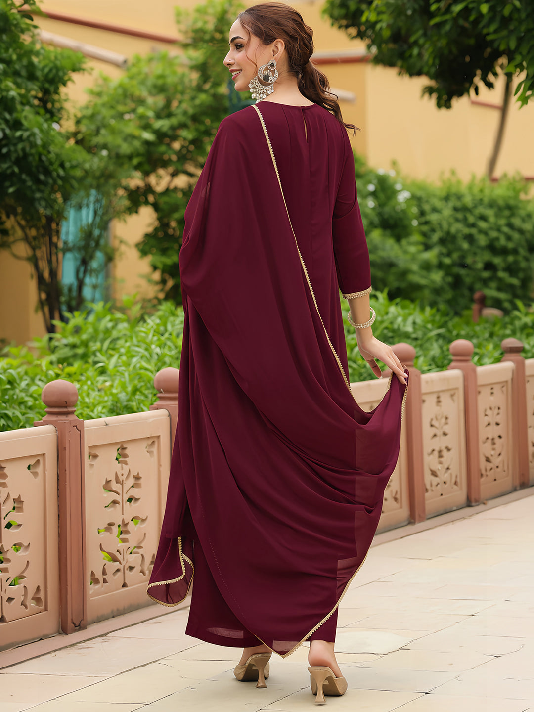 Naari By Shree Women's Maroon Georgette Zari Yoke Embroidered Anarkali Kurta With Palazzo & Dupatta Set