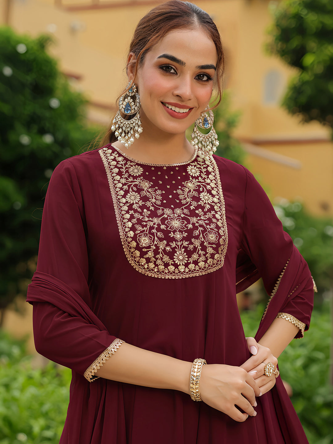 Naari By Shree Women's Maroon Georgette Zari Yoke Embroidered Anarkali Kurta With Palazzo & Dupatta Set